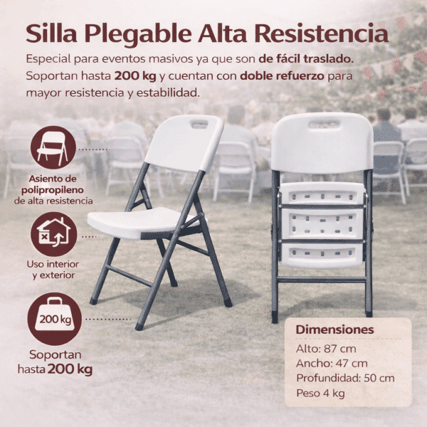 Silla plegable alta resistencia para eventos, soporte de 200 kg, uso interior y exterior, fácil traslado, doble refuerzo, dimensiones destacadas.