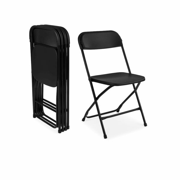 Silla plegable negra para eventos, apilable y funcional, ideal para decoración de eventos y mobiliario de oficina.