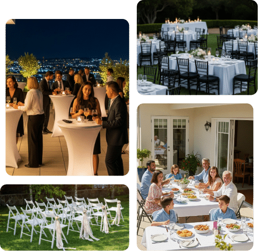 Eventos al aire libre con mesas y sillas elegantes, decoración de fiesta, cenas familiares y reuniones sociales.